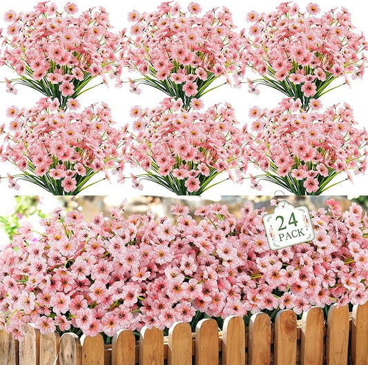 MACTING 24 Bundles Artificial Flowers for Outdoors Fake Flowers UV Resistant Faux Plastic Plants No Fade for Planters Window Box Patio Porch Garden Home Indoor Outdoor Spring Decorations,Pink