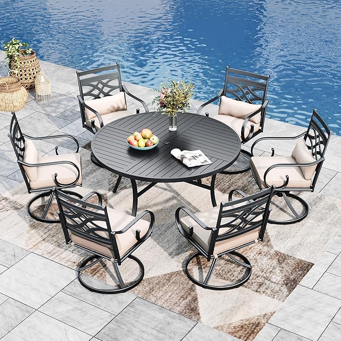 Sophia and William Swivel Patio Dining Set for 6, Outdoor Table and Chairs, Removable Seat Cushions, Black 54" Round Patio Dining Table