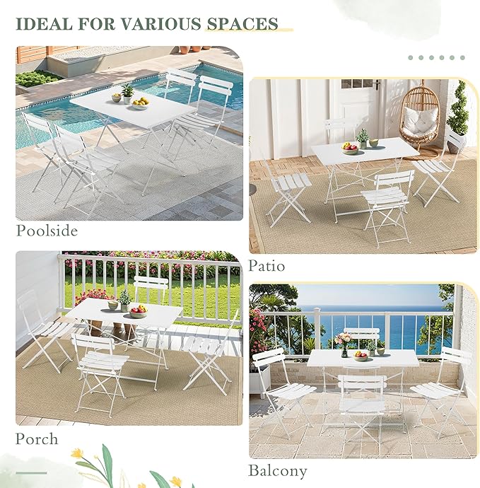 MELLCOM 5-Piece Foldable Patio Dining Set with Rectangular Table and Chairs, Weather-Resistant Iron Outdoor Dining Set for 4 People, Outdoor Table and Chairs for Patio, Yard, Indoor, White
