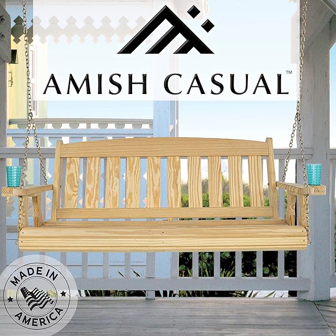 Amish Casual Heavy Duty 800 Lb Mission Treated Porch Swing with Hanging Chains and Cupholders (4 Foot, Unfinished)