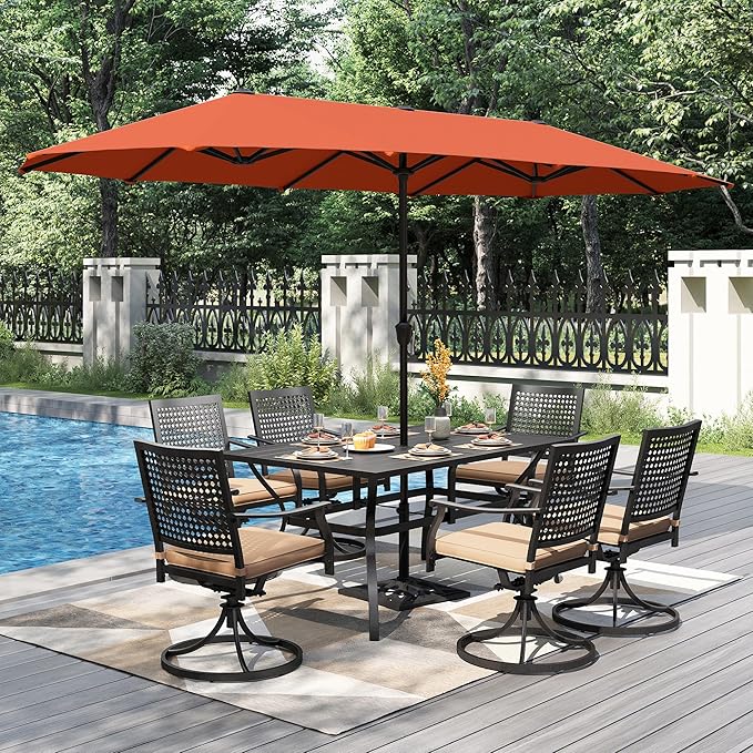 PHI VILLA 7 Pieces Outdoor Dining Set for 6 with Umbrella, 60" Long Metal Table & Swivel Iron Chairs with Cushions & 13ft Red Umbrella, Modern Steel Furniture Set for Patio, Deck, Yard, Porch