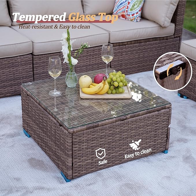 7 Piece Outdoor Patio Furniture Sets, Brown Patio Sectional Furniture All-Weather PE Rattan Sectional Sofa, Outdoor Wicker Conversatin Set w Glass Coffee Table for Backyard, Garden, Porch