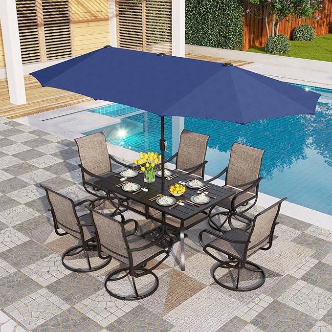 PHI VILLA 8 PCS Patio Dining Set with 13ft Blue Patio Table Umbrella for 6, 1 Rectangle Metal Table and 6 Outdoor Swivel Patio Chairs, Garden Dining Fruniture Set for Lawn Deck(No Umbrella Base)