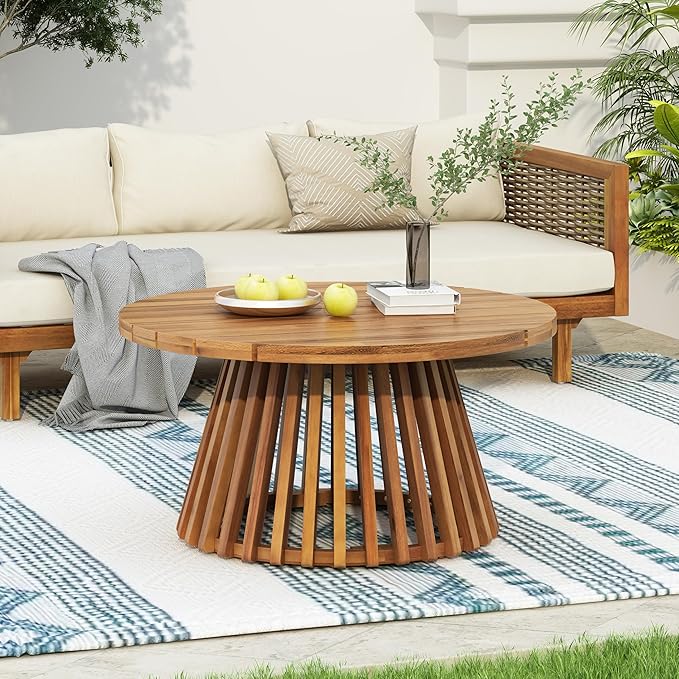 Merax Patio Outdoor Acacia Wood Round Coffee Table for Backyard, Lawn, Balcony, Teak Finish