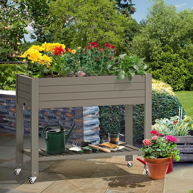 YITAHOME 3.6x1.5x2.8 FT Elevated Garden Bed Kit with Legs and Wheels, Outdoor Large Resin Planter Box Stand with Drain Plug and Storage Shelf for Plants Vegetables Fruits, Light Brown