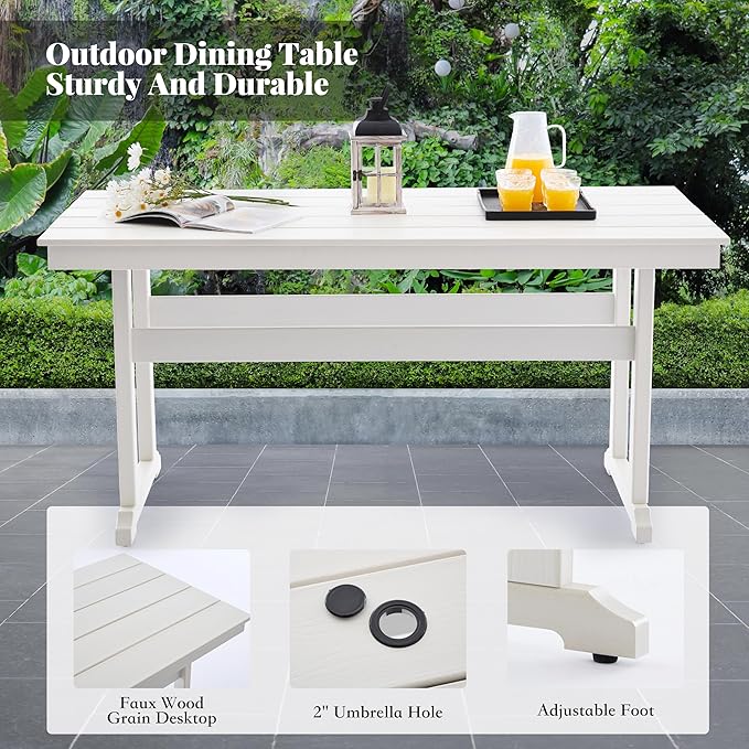 HDPE Outdoor Dining Set,6-Piece Outdoor Table and Chairs Include 4 Dining Chairs and 2 Pcs 62.5" Patio Dining Table with Umbrella Hole (White)