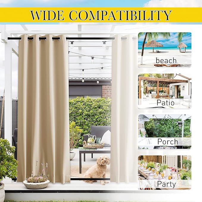 NICETOWN 2 Panels Outdoor Patio Curtains Windproof Top & Bottom Grommet & Back Tab, Thermal Insulated Windproof Drapes Keep Privacy for Garage/Porch with Ropes for Fixed, Biscotti Beige, W46 x L80