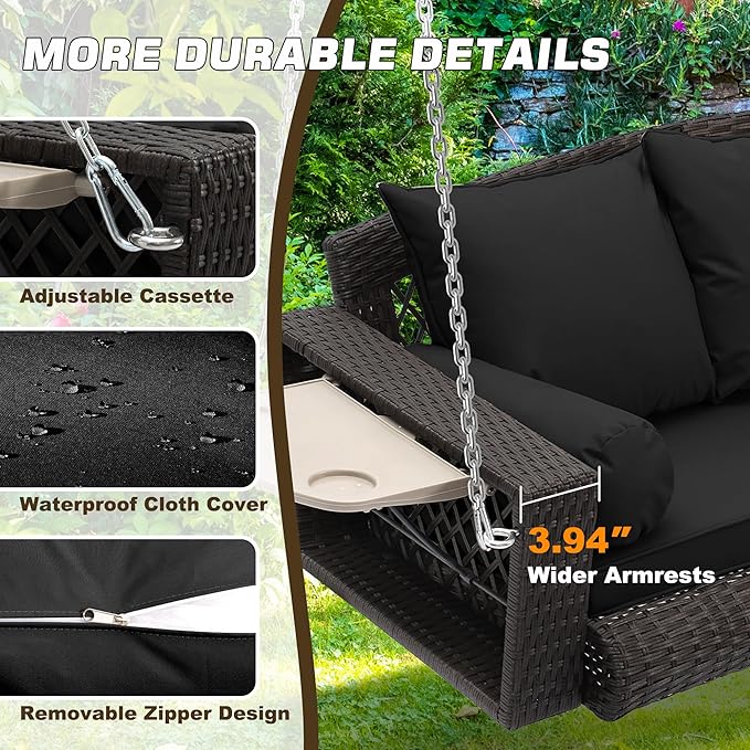Grepatio Wicker Hanging Porch Swing - Outdoor 3 Person Patio Swing Bench with Cushion & Chains - 3-Seat Porch Swing Chair with Cup Holder for Garden, Yard, Lawn (Black Brown Rattan)