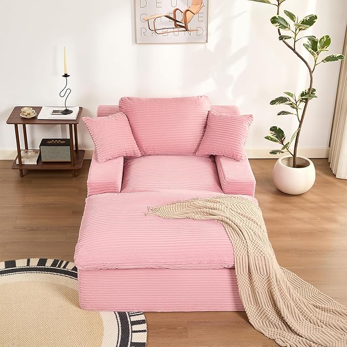 63" Chaise Lounge Chair Indoor, Set of Convertible Sleeper Sofa Couch with Throw Pillows & Side Pockets, Corduroy Upholstered Oversized Sofa Bed with Armrests for Living Room Bedroom, Pink