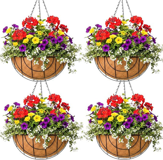 14 inch Metal Hanging Baskets For Plants Outdoor 4 Pack Round Metal Wire Hanging Basket Planter with Coco Fiber Liners Plant Holder for Garden, Patio, Deck, Porch Plants Flower Potss Outdoor(Grid)