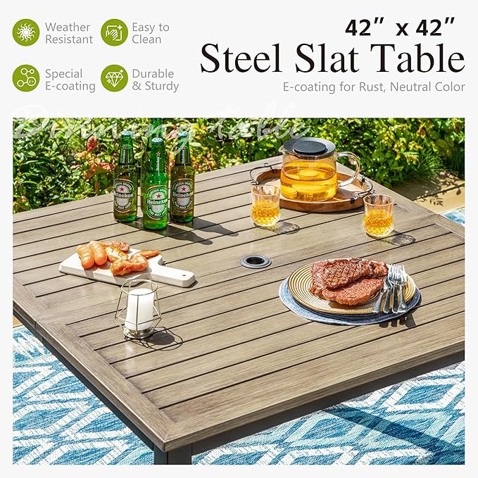 Sophia & William 42" Metal Patio Table, Steel Slatted Square Outdoor Dining Table with 1.57"-1.9" Adjustable Umbrella Hole, Outdoor Furniture Bistro Yard Garden Table with E-Coating, Brown