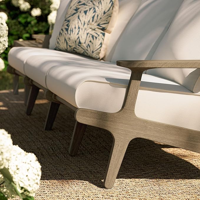 Modway Saratoga Teak Outdoor Patio Sofa in Weathered Gray White – 3 Seater Couch with Weather-Resistant Cushions – Wooden Outdoor Furniture Sofa