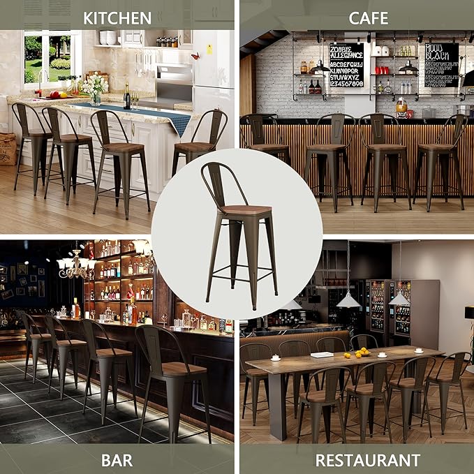 Yongqiang 30 inch Metal Bar Stools Set of 4 Bar Height Stools Kitchen Island Barstools Modern Farmhouse High Back Bar Chairs with Large Wooden Seat Rusty