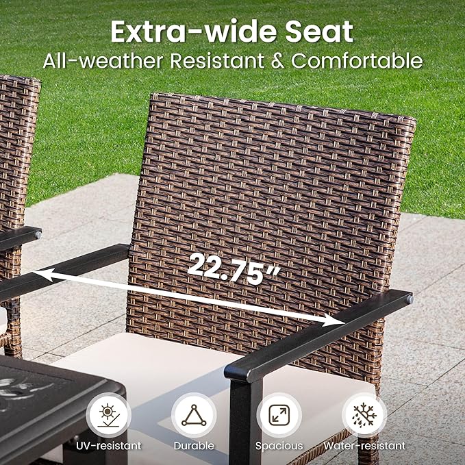 PHI VILLA 7 Pieces Patio Dining Set with Umbrella for 6, 60” Large Metal Iron Dining Table & Cushioned Rattan Wicker Chairs & 13ft Beige Umbrella for Patio, Deck, Yard, Porch