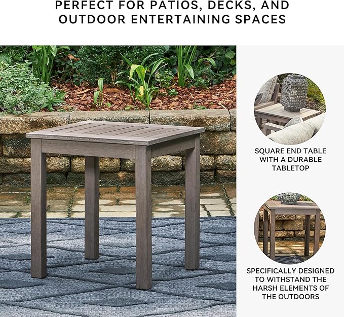 Signature Design by Ashley Hillside Barn Casual Outdoor Weatherwood Resin Polymer End Table with Slatted Tabletop, Brown
