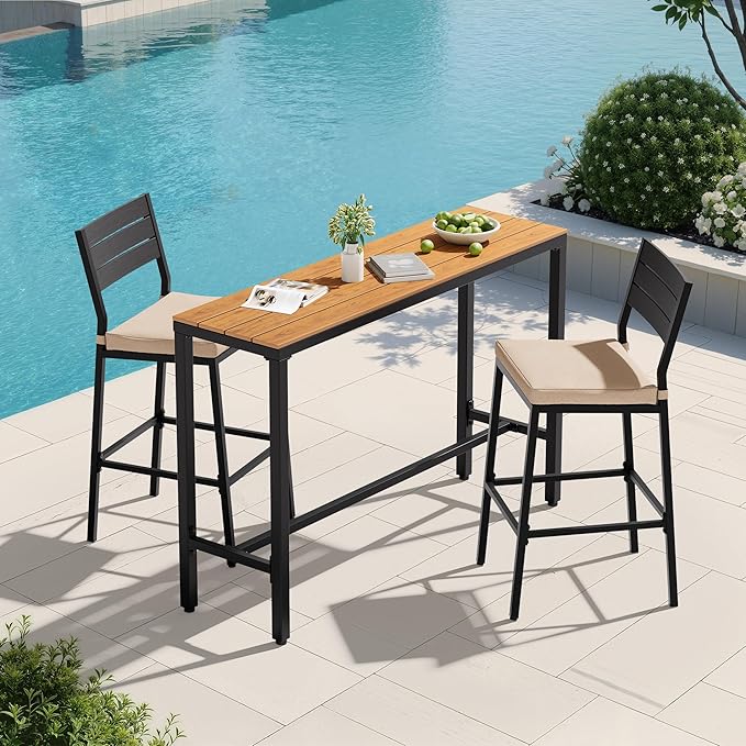 Crestlive Products Outdoor Bar Table and Chairs Set, 3 Piece Outside Patio Bar Set with 55" Long Bar Table and 2 Bar Stools for Balcony, Bistro, Garden, Backyard(Brown Desktop and Beige Cushion)