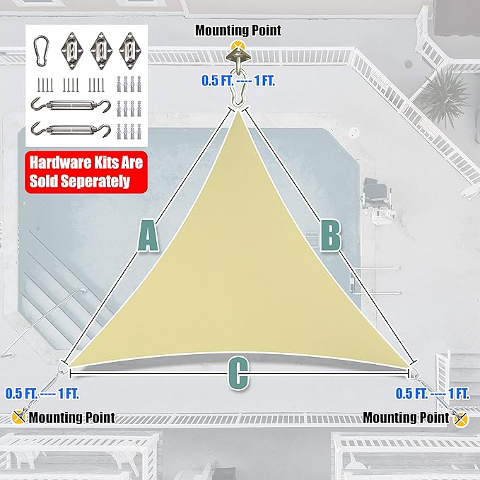Amgo Custom Size 11' x 11' x 11' Beige Triangle Sun Shade Sail Order to Make Canopy Awning UPF50+ AGSLT, 95% UV Blockage, Water & Air Permeable, 200GSM Commercial Standard (We Customize)