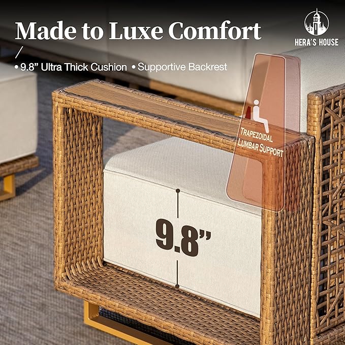 HERA'S HOUSE 6 Pieces Outdoor Rattan Furniture Set, 4 Sectional Patio Wicker Sofa with 2 Ottomans, All Weather Patio Conversation Set with 5.3" Comfy Widened Armrest, 10" Ultra Thick Cushion for Deck