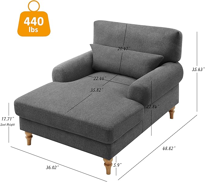 Modern Chaise Lounge Chair with Adjustable Backrest, Upholstered Indoor Leisure Sofa Recliner, Oversized Accent Chair Deep Seat Reading Armchair for Living Room, Bedroom, Office, Dark Gray
