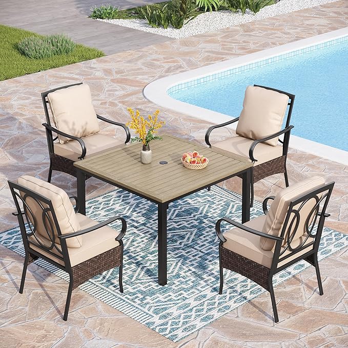 PHI VILLA 5-Piece Outdoor Dining Set, Heavy Duty Patio Table and Chairs Set with Umbrella Hole for 4, 42" Square Patio Woodgrain Metal Table with Wicker Metal Chairs with Cushions