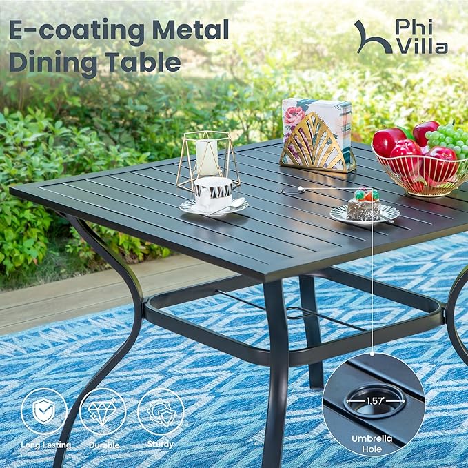 PHI VILLA Patio Dining Set with Umbrella for 4, Outdoor Table & Chairs Set with 4 Padded Swivel Patio Dining Chairs, 1 Square Metal Dining Table and 10ft Beige Large Patio Umbrella (No Umbrella Base)