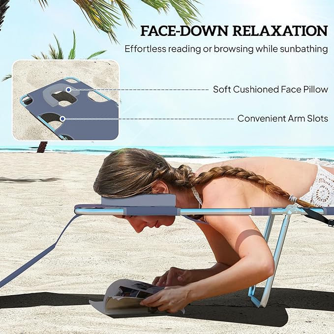 Outsunny Folding Beach Lounge Chair with Face Hole and Arm Slots, 5-Level Adjustable Sun Lounger Tanning Chair with Pillow for Patio, Garden, Beach, Pool, Gray