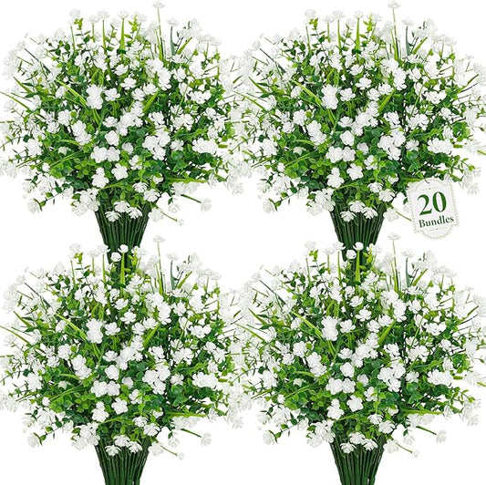 20 Bundles Artificial Flowers for Outdoors Fake Plastic Flowers UV Resistant Realistic Faux Plants Shrubs for Spring Summer Garden Porch Yard Patio Planter Window Box Home Decor, White