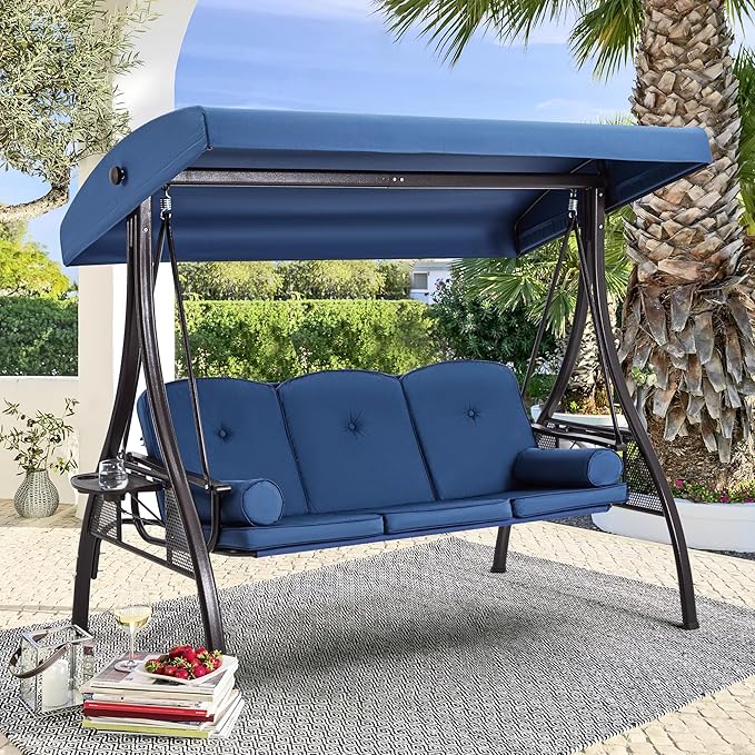 HOMREST 3 Person Outdoor Porch Swing with 1.5" Upgraded Cup Holder, Adjustable Canopy, Backrest, Patio Swing Bed with Weather Resistant Steel Frame, Cushions for Garden,Deck and Poolside(Blue)