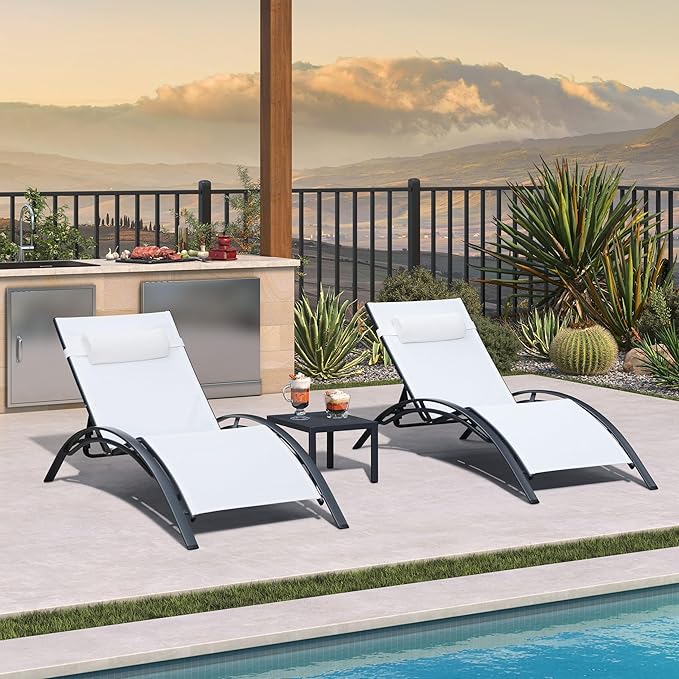 PURPLE LEAF Patio Oversized Chaise Lounge Chair Set with Side Table Pool Adjustable Recliner Chairs for Outside Beach Outdoor Sunbathing Tanning Poolside Lounger Chair, White