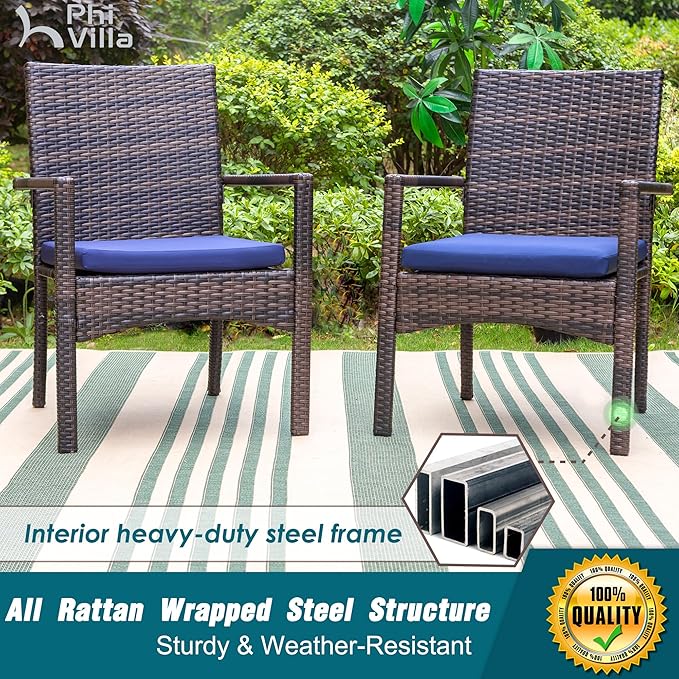 PHI VILLA 7 Pieces Outdoor Dining Set for 6, 65” Wood-Like Metal Rectangle Dining Table & Rattan Wicker Chairs with Cushions, Large Dining Furniture Set for Patio, Deck, Porch, Yard