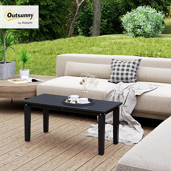 Outsunny HDPE Outdoor Coffee Table, All-Weather Rectangle Patio Coffee Table, Plastic Outdoor Patio Table with Slatted Tabletop for Garden, Balcony, Backyard, Black