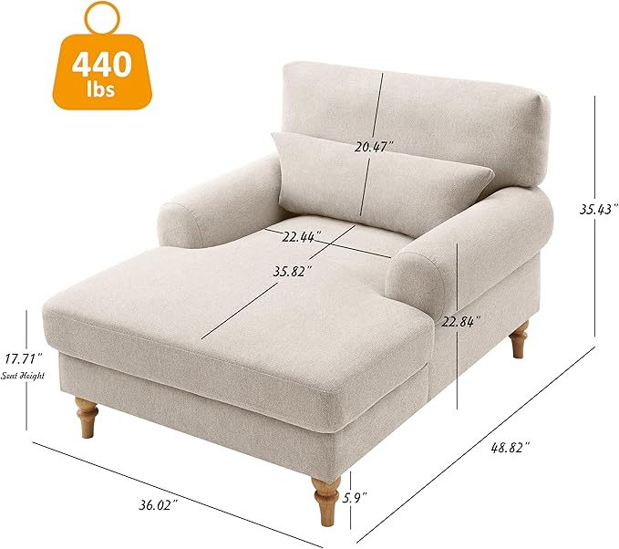 Modern Chaise Lounge Chair with Adjustable Backrest, Upholstered Indoor Leisure Sofa Recliner, Oversized Accent Chair Deep Seat Reading Armchair for Living Room, Bedroom, Office, Smoke White