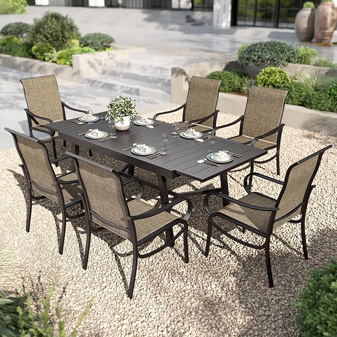 PHI VILLA Outdoor Dining Set for 6 Person, Expandable Table for 6-8 Person with Umbrella Holes and 8 High Back Fixed Chairs All Weather Patio Furniture Set for Deck Garden Yard