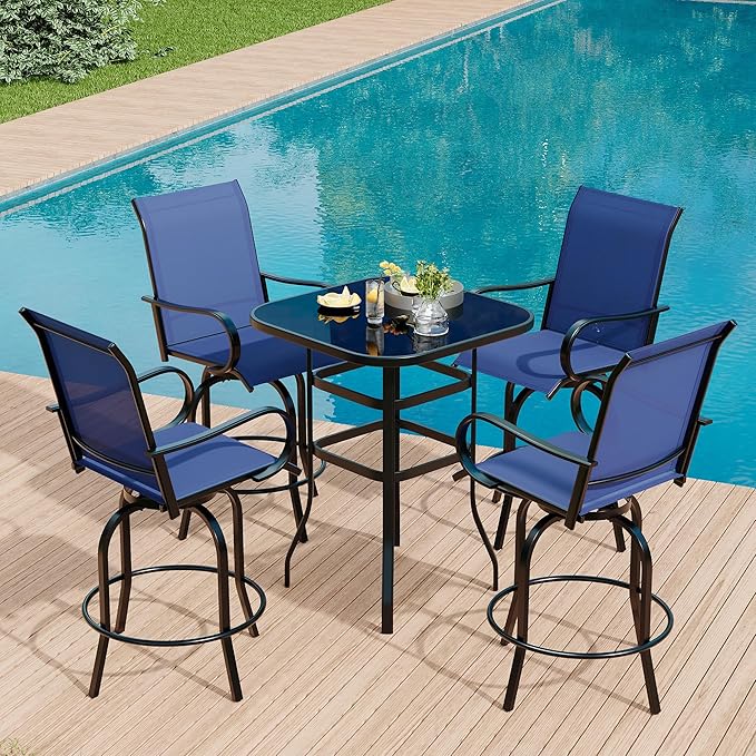 GarveeLife 4 Piece Outdoor Swivel Bar Chairs, Patio High Swivel Bar Stools, All Weather High Back and Armrest Patio Chairs, Outdoor Rotating BarChair Counter Height for Deck Lawn Garden Backyard
