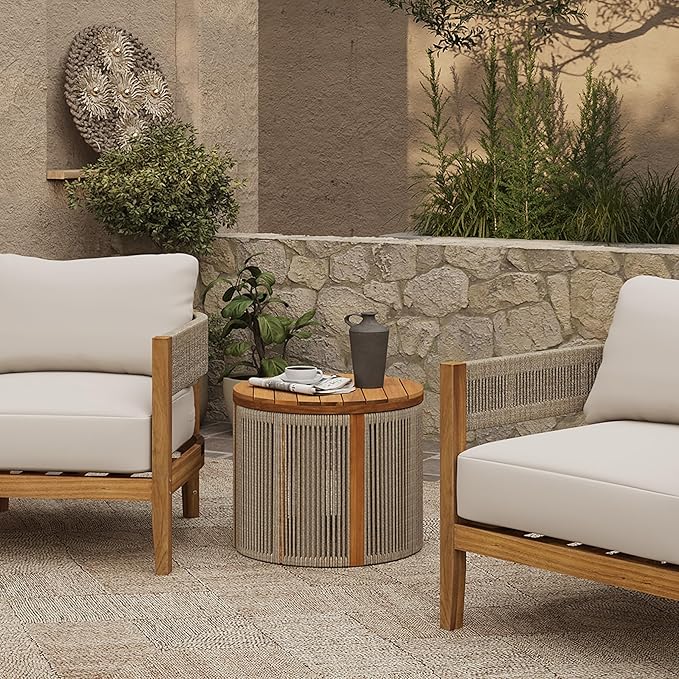 LuxenHome Outdoor Coffee Table, 17'' Tall Rope Modern Acacia Wood Outdoor Side Table for Patio, Garden Accent Round End Tables for Outside, Wooden Drum Table Indoor and Outdoor