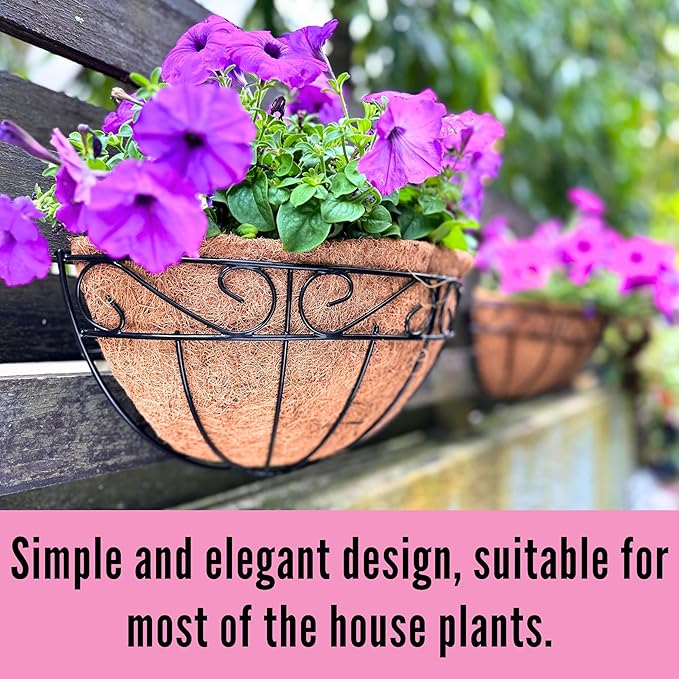LaLaGreen Large Wall Planter Outdoor - 2 Pack, 14 Inch Large Fence Hanging Flower Baskets with Coco Liner, Herb Pots Holder Rail Planter Outside Railing Deck Porch Balcony Vertical Garden Privacy Wall