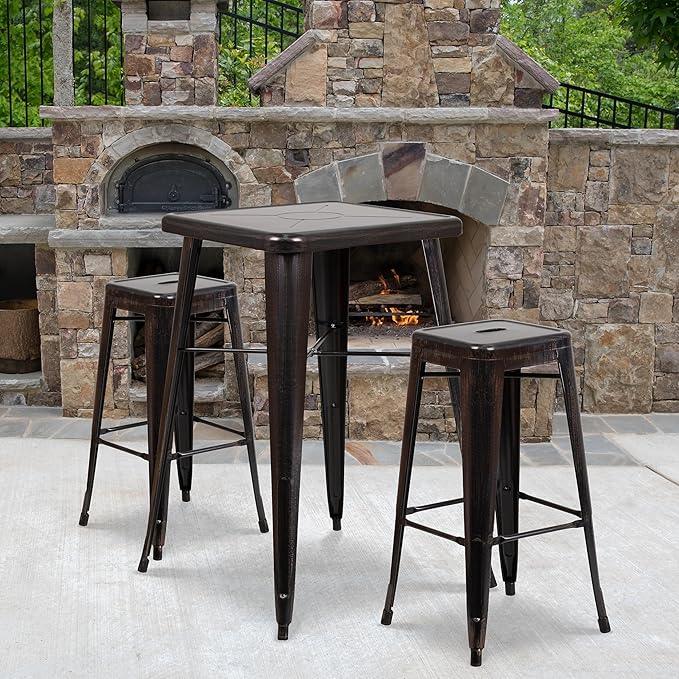 Flash Furniture Lily 4 Pack Commercial Grade 30" High Backless Black-Antique Gold Metal Indoor-Outdoor Barstool with Square Seat