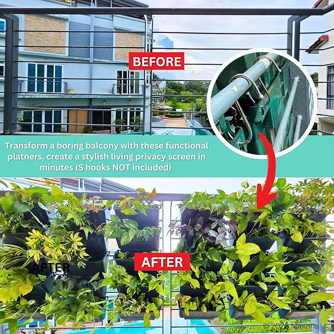 Maxona Black Color Vertical Garden Planter - 16 Pack, 13 inch Wall Mounted Planter for Patio Outdoor Decor, Home Plastic Pot Balcony Plant Vegetable Fruit Herb Hanging Pocket Holder Flowerpot