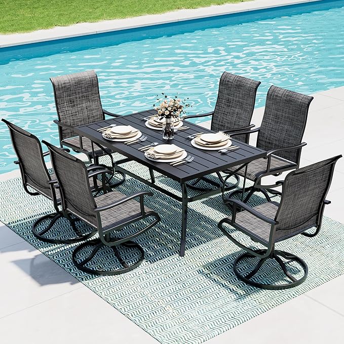 7-Piece Outdoor Dining Set, Patio Furniture Set with Textilene Swivel Chairs, Outdoor Table & 6 Chairs for Garden, Backyard, Poolside, Deck, Charcoal