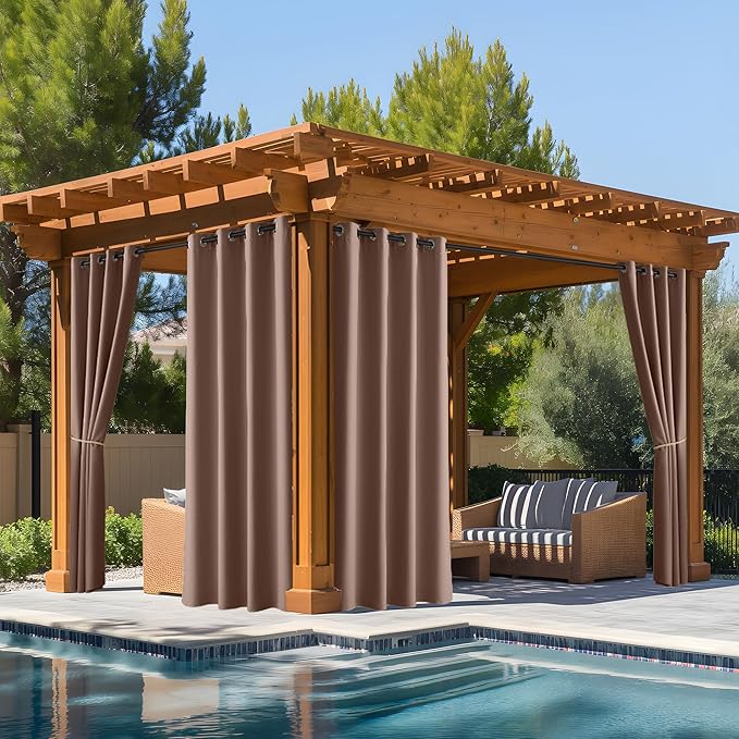 NICETOWN Fade Resistant Patio Curtains Outdoor Waterproof, Fade-Proof Curtains Grade 4 Color Fastness Certified, Thermal Insulated Privacy Sun Shades for Gazebo, Lanai, W52 x L72, Tan, 2 Panels