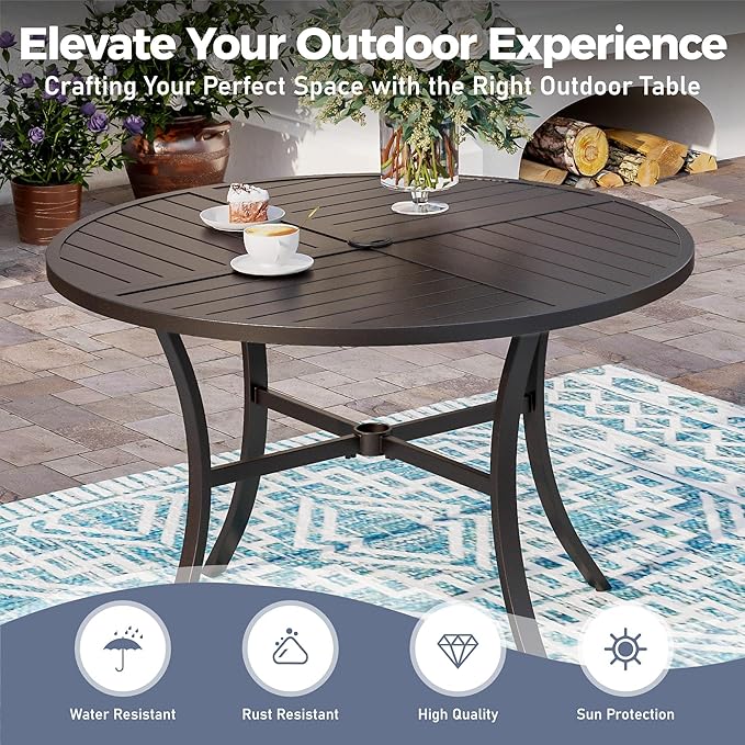 5 Piece Patio Dining Set for 4, 42" x 42" Round Metal Table with Umbrella Hole and 4 Blue Chairs, Outdoor Table and Chairs Set for Lawn Backyard and Deck
