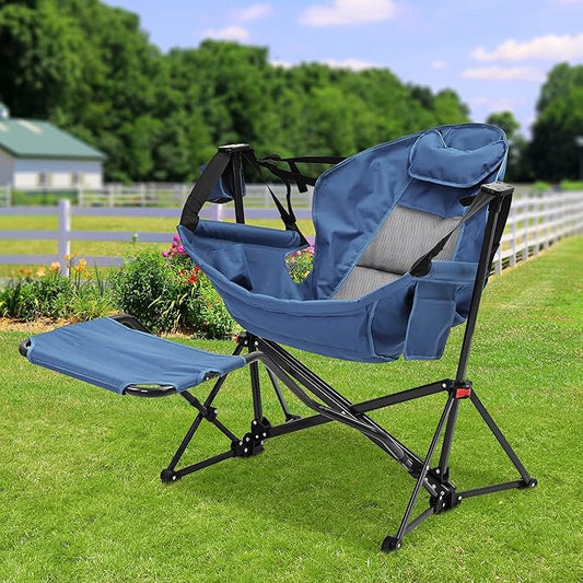 Ainfox Hammock Chair with Footrest, Oversized Swinging Portable Folding Camping Chairs for Adults Outside Swinging Camp with Cup Holder Pillow for Outdoor Patio Lawn Dark Blue