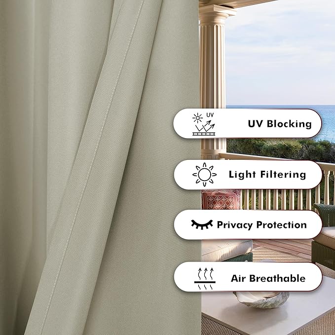 BONZER Waterproof Indoor/Outdoor Curtains for Patio Thick Privacy Extra Wide Grommet Curtains for Bedroom, Living Room, Porch, Pergola, Cabana, 1 Panel, 150W x 84L inch, Taupe