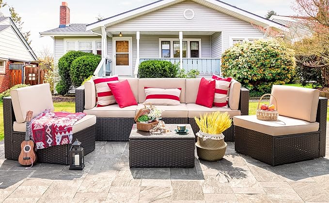 Vongrasig 6 Pieces Outdoor Patio Furniture Set, PE Wicker Rattan Sectional Sofa Small Patio Conversation Sets with Coffee Table for Garden, Backyard, Poolside (Beige)