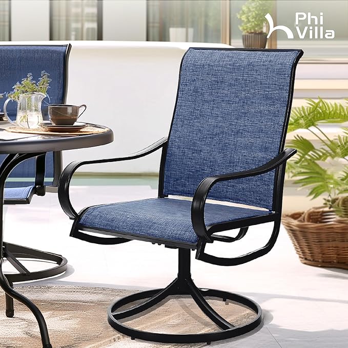 PHI VILLA Patio Dining Set with Umbrella for 6 Person, Outdoor Swivel Dining Chairs & 1 Large Wooden-Like Top Table with 13ft Navy Blue Outdoor Umbrella(No Base) for Deck Lawn Garden Backyard
