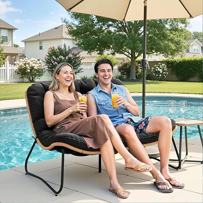 Crestlive Products Outdoor Loveseat, 2 Seater Outdoor Couch with Soft Cushion, All-Weather Boho Rattan Patio Furniture for Deck,Balcony, Poolside, Backyard, Porch (Black)