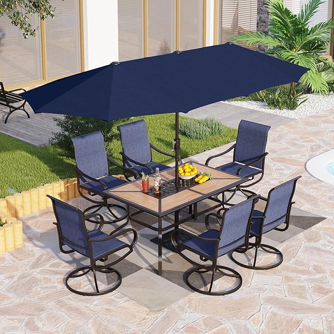 PHI VILLA Patio Dining Set with Umbrella for 6 Person, Outdoor Swivel Dining Chairs & 1 Large Wooden-Like Top Table with 13ft Navy Blue Outdoor Umbrella(No Base) for Deck Lawn Garden Backyard