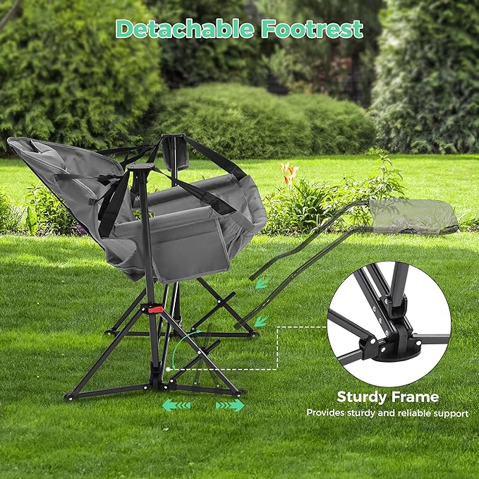 Ainfox Hammock Camping Chair with Footrest, Foldable Portable Rocking Chairs for Adults Outside Swinging Camp with Cup Holder Pillow for Outdoor Patio Poolside (Grey)
