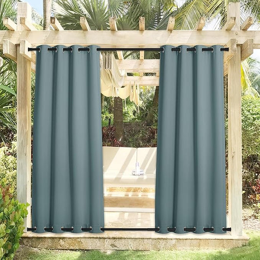 NICETOWN Outdoor Curtains for Patio Waterproof & Windproof 2 Panels, Thermal Insulated Top and Bottom Fixed Rustproof Grommets Light & Cold Block Outdoor Curtains for Pool, W52 x L95, Greyish Blue