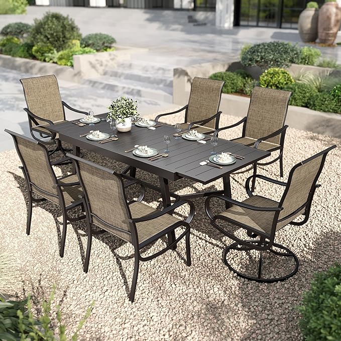 PHI VILLA Outdoor Dining Set for 6 Person, Expandable Table for 6-8 Person and 2 Swivel & 6 Fixed Patio Chairs All Weather Patio Furniture Set for Deck Garden Yard
